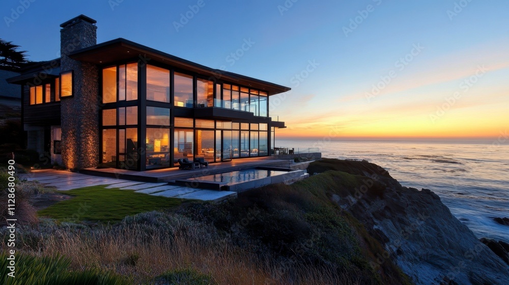 Modern Oceanfront Glass Mansion at Sunset Modern Oceanfront Glass Mansion at Sunset