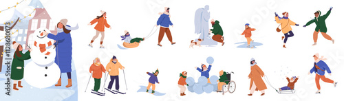 Set of people doing winter activities. Kids play snowballs, family builds snowman, couples walking, ice skating. Characters skiing, making ice sculpture in snow weather. Flat vector illustration.