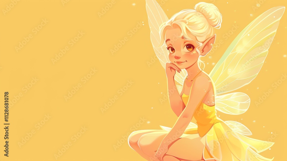 A cartoon fairy with blonde hair and large wings sits against a yellow background. A cartoon fairy with blonde hair and large wings sits against a yellow background.