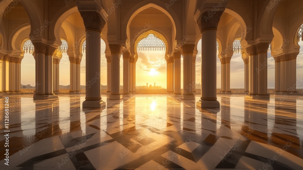 Fototapeta premium Majestic Sunrise Through Arched Columns in Marble Hall Setting