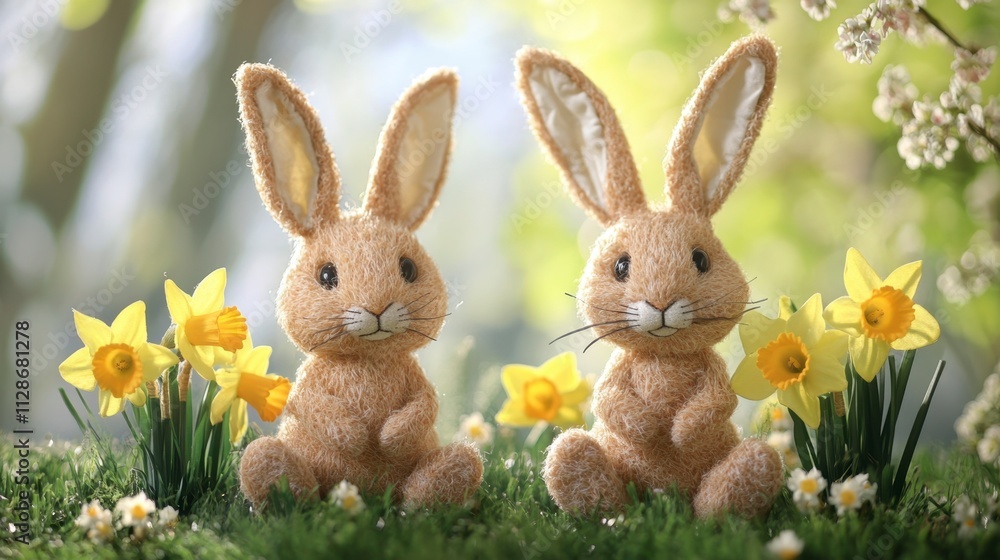 Obraz premium Two Fluffy Easter Bunnies in Spring Meadow