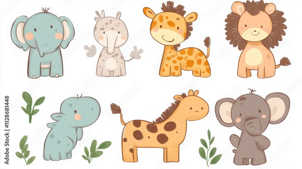 Obraz premium Adorable Baby Animals Playing in a Meadow - Cute Nursery Clipart