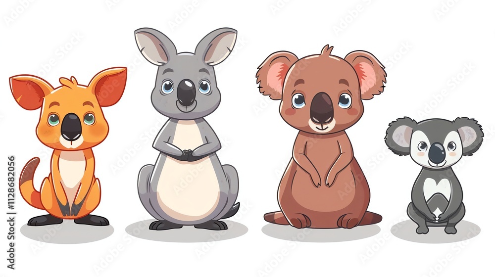 Fototapeta premium A cartoon kangaroo and three cartoon koalas.