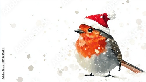 Festive Robin in Santa Hat on Snowy Background - Winter Holiday Clipart