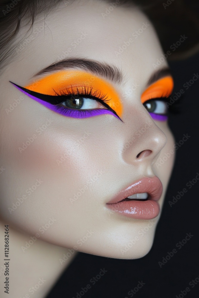 Close-up Side Profile of Woman with Vibrant Orange and Purple Eye Makeup Close-up Side Profile of Woman with Vibrant Orange and Purple Eye Makeup