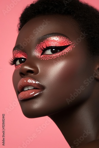 Close-up Portrait of a Smiling Black Woman with Bold Pink Makeup and Dots