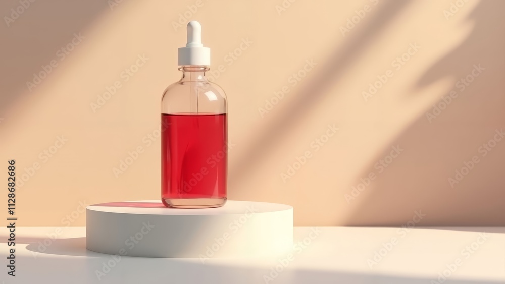 Sleek Glass Bottle with Crimson Health Drink on Modern Pedestal Sleek Glass Bottle with Crimson Health Drink on Modern Pedestal