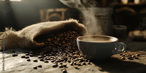 Coffee beans spill from a sack beside a steaming cup on a rustic wooden table in a cozy setting