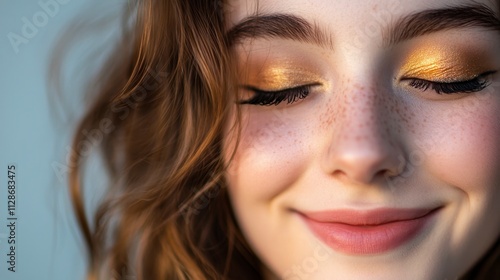 Wallpaper Mural Freckled Woman Smiling Close-up Portrait, Golden Eyeshadow Makeup, Soft Light Torontodigital.ca