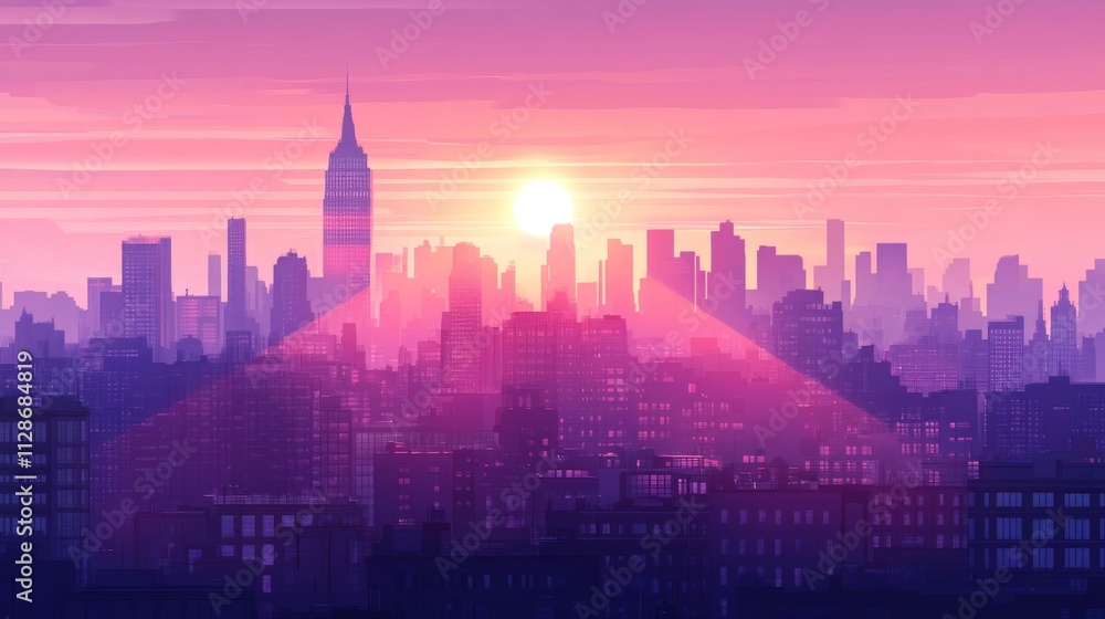 Pink Sunset Over City Skyline Majestic Buildings Pink Sunset Over City Skyline Majestic Buildings