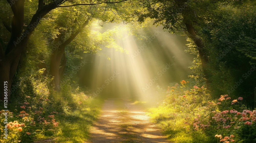 Sunbeams Illuminate A Forest Path With Flowers Sunbeams Illuminate A Forest Path With Flowers