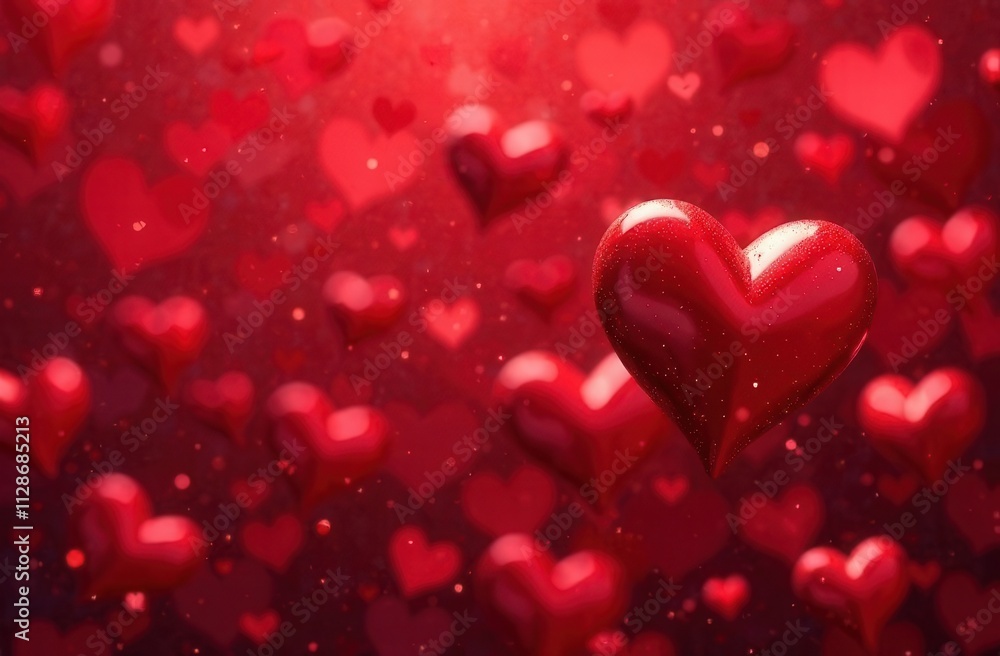A romantic background featuring shiny, glittering red hearts floating on a deep red backdrop, creating a dreamy atmosphere ideal for Valentine's Day designs and with space for text A romantic background featuring shiny, glittering red hearts floating on a deep red backdrop, creating a dreamy atmosphere ideal for Valentine's Day designs and with space for text