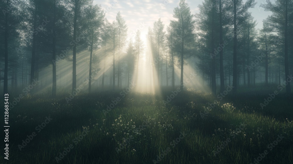 Sunbeams Illuminate Misty Forest Clearing With Wildflowers Sunbeams Illuminate Misty Forest Clearing With Wildflowers