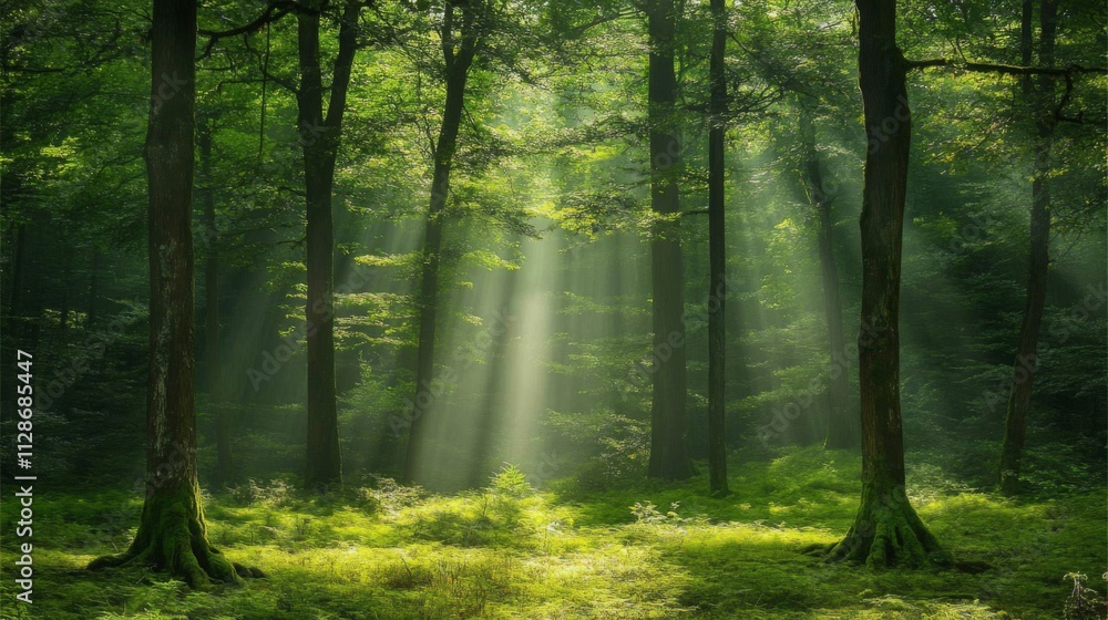 Obraz premium Sunbeams Illuminate Lush Green Forest Trees