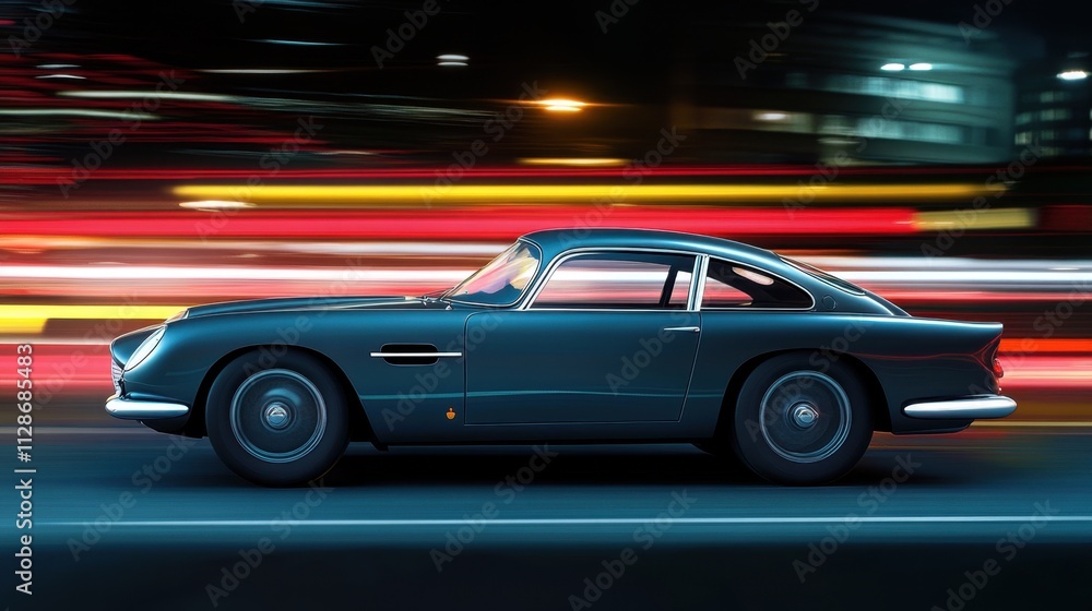 Classic Car in Motion with City Lights and Motion Blur Effects Classic Car in Motion with City Lights and Motion Blur Effects