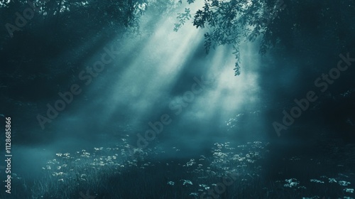 Sunbeams Illuminate a Misty Forest Clearing