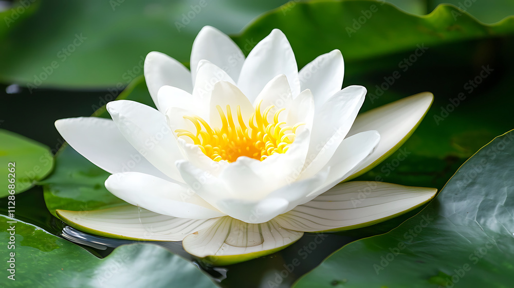 beautiful white water lily with yellow center blooms on serene pond, surrounded by green leaves, creating tranquil atmosphere beautiful white water lily with yellow center blooms on serene pond, surrounded by green leaves, creating tranquil atmosphere