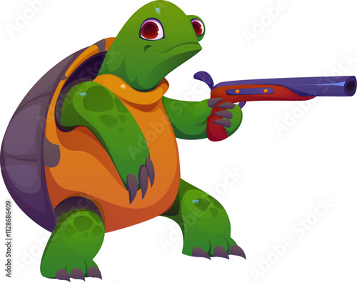 Cartoon turtle pirate animal character clutching pistol gun ready to shoot. Isolated vector cute and funny reptile tortoise filibuster personage searching treasures or fighting in high seas adventures