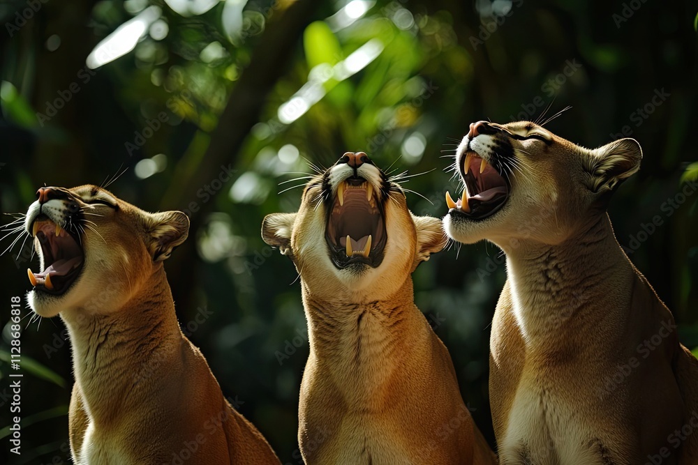 Fotografie Three Cougars Roar In A Lush Green Forest