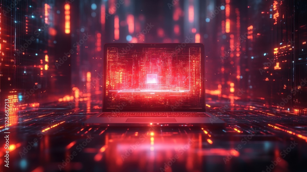 Digital abstract representation of a futuristic laptop amidst glowing data streams Digital abstract representation of a futuristic laptop amidst glowing data streams