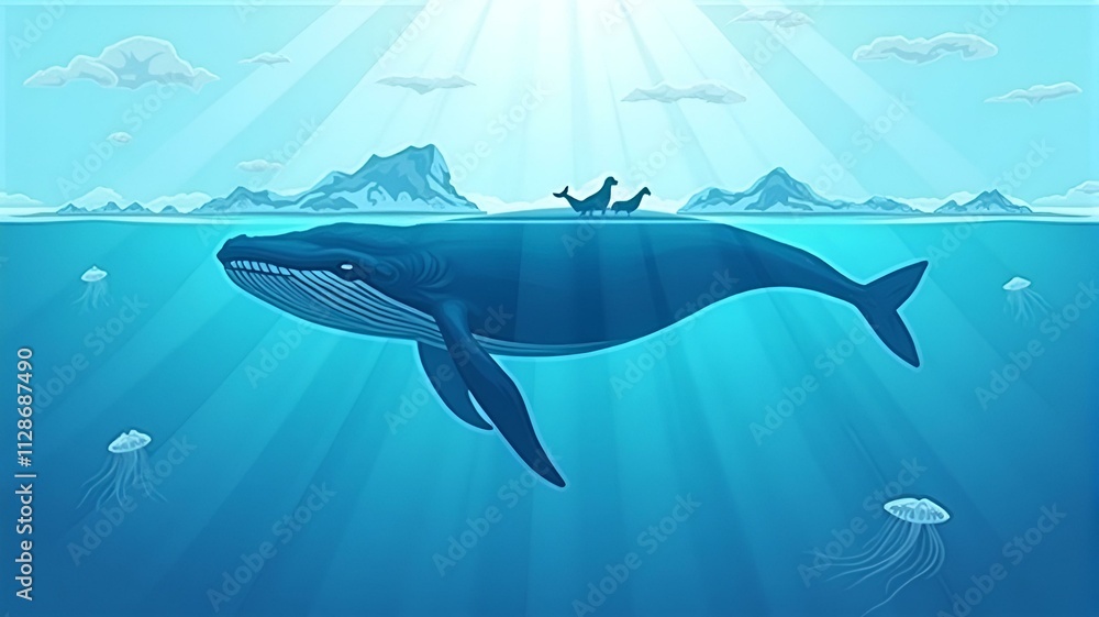 Fototapeta premium Whale Swimming Under Boat in Ocean, Majestic and Serene, Nature Scene