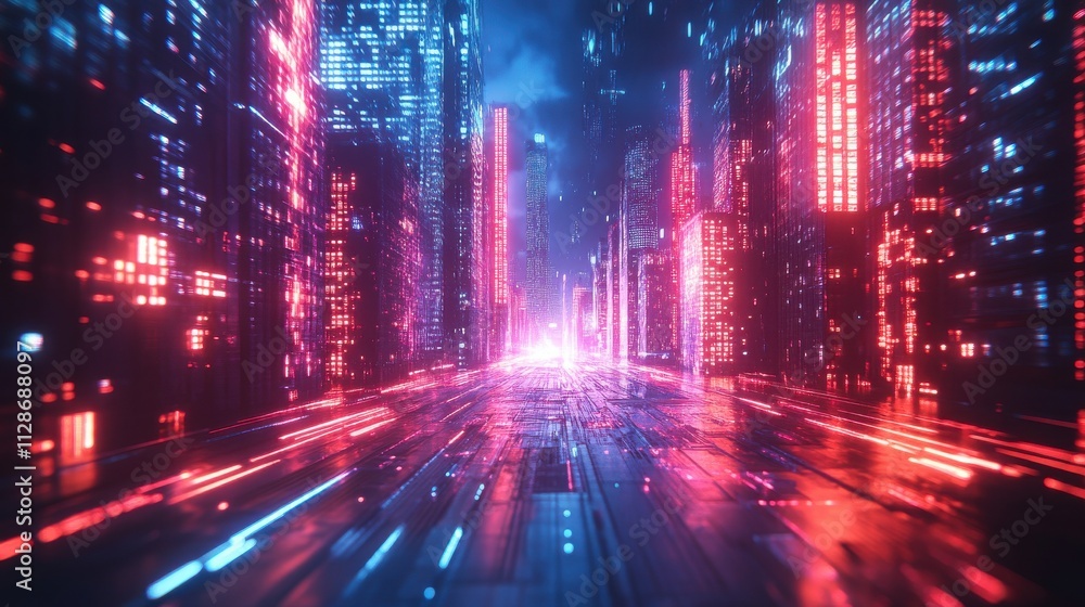 Neon lights illuminate a futuristic cityscape at night with vibrant colors and tall buildings Neon lights illuminate a futuristic cityscape at night with vibrant colors and tall buildings