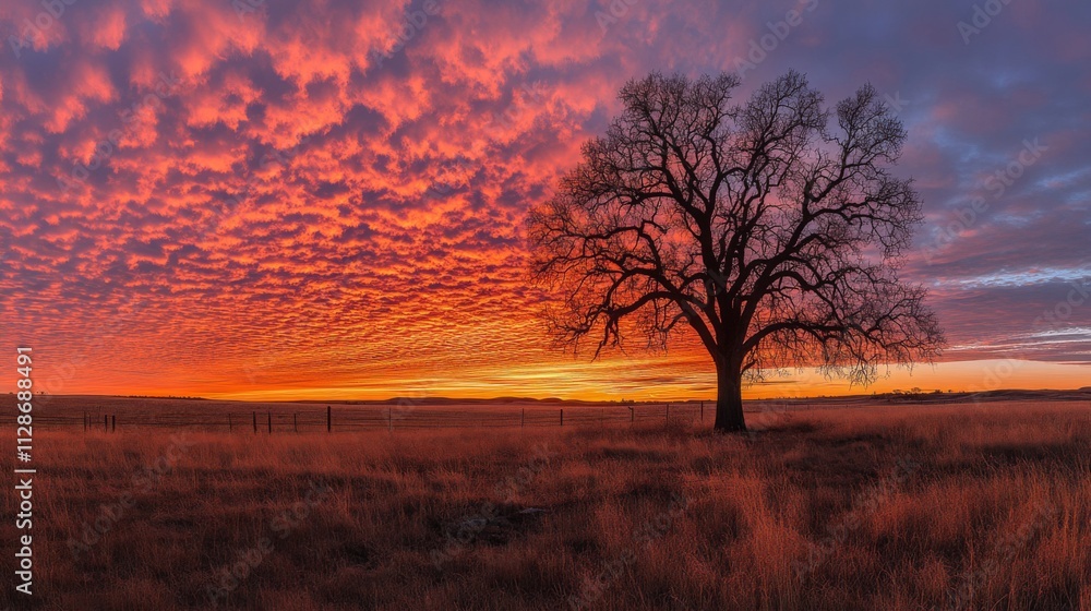 Fiery Sunrise Sky Over Lone Tree In Field Fiery Sunrise Sky Over Lone Tree In Field