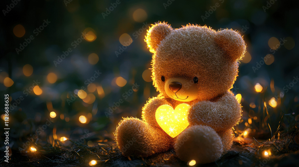 A glowing teddy bear holding a heart amidst sparkling lights in a cozy setting. A glowing teddy bear holding a heart amidst sparkling lights in a cozy setting.