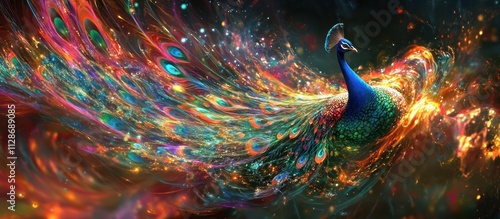Vibrant peacock with fiery, colorful tail feathers.