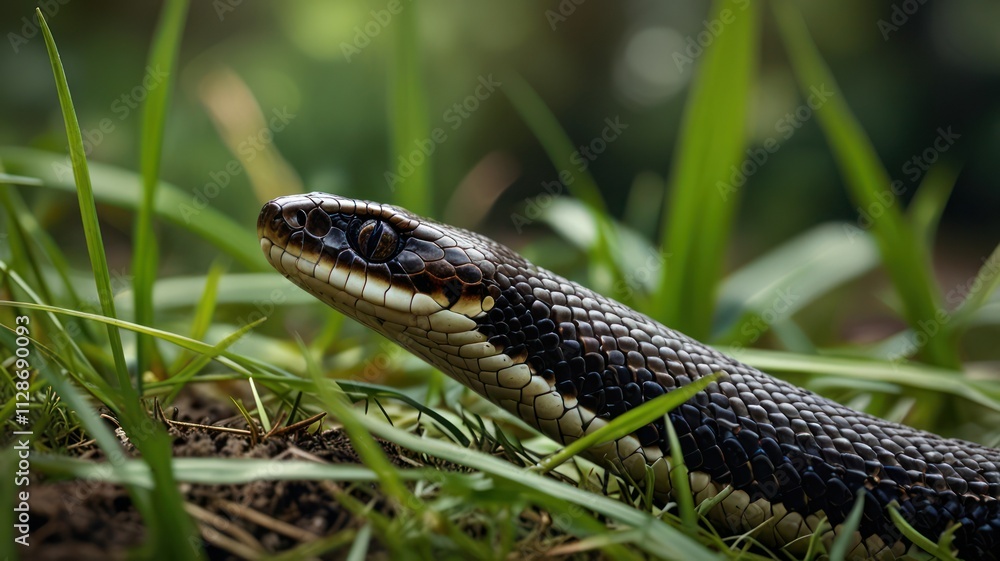 Black and white snake in green grass Black and white snake in green grass