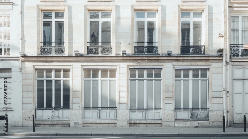 Parisian building, minimalist design, full wall with windows and doors, sunny afternoon, peaceful urban setting, no people present. Parisian building, minimalist design, full wall with windows and doors, sunny afternoon, peaceful urban setting, no people present.