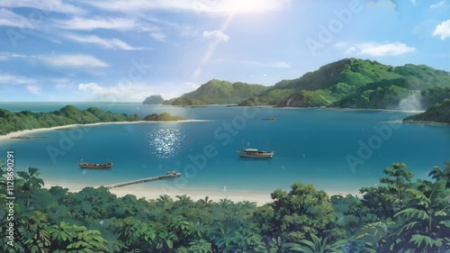 Wallpaper Mural A serene coastal landscape featuring boats, lush greenery, and tranquil waters. Torontodigital.ca