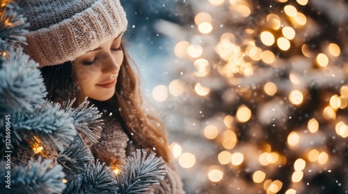 Wallpaper Mural Woman in winter hat near a snowy Christmas tree Torontodigital.ca