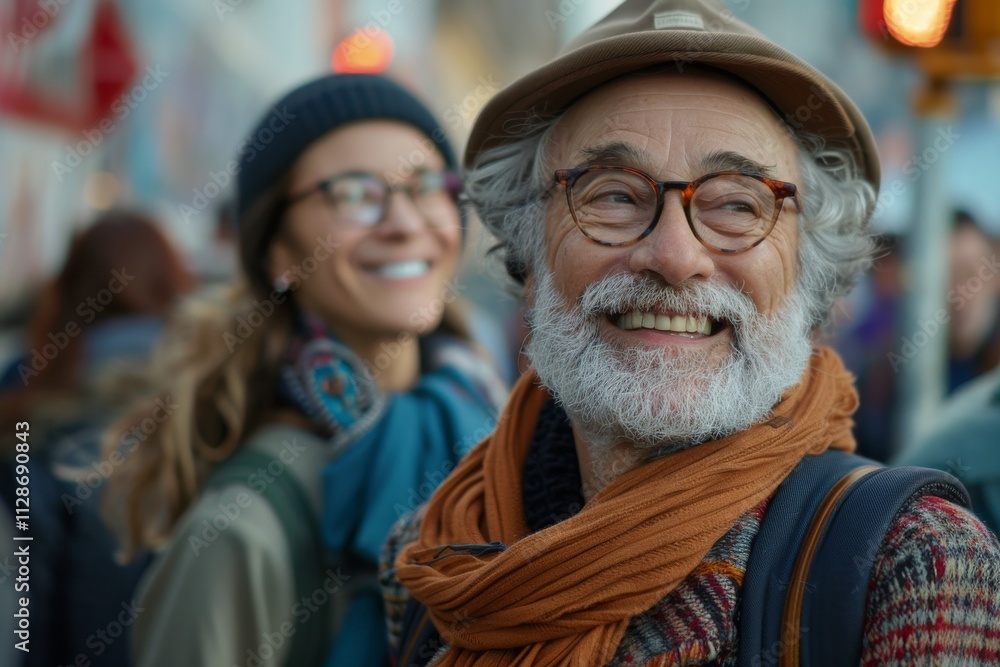 Happy senior man in hat and eyeglasses walking on the street Happy senior man in hat and eyeglasses walking on the street
