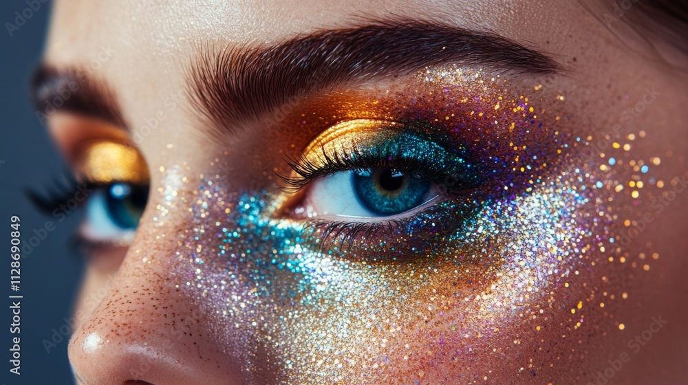 Glittering Eye Makeup Featuring Blue Gold Sparkle Glittering Eye Makeup Featuring Blue Gold Sparkle