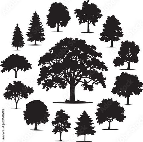 vector silhouette trees Icon set on white background 