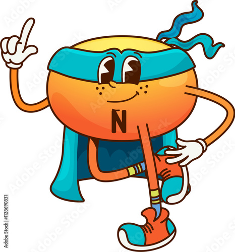 Cartoon groovy vitamin H superhero character pointing finger. Isolated vector funny Biotin capsule personage on guard of health. Strong nutrient bubble comics book defender in super hero mask and cape