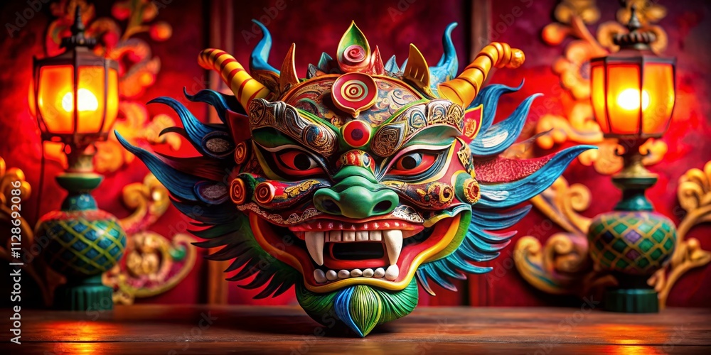 Fototapeta premium Captivating Chinese Dragon Mask for Cultural Celebrations and Festivals, Vibrant Colors, Intricate Designs, Perfect for Traditional Events or Themed Parties, Unique Decor Piece