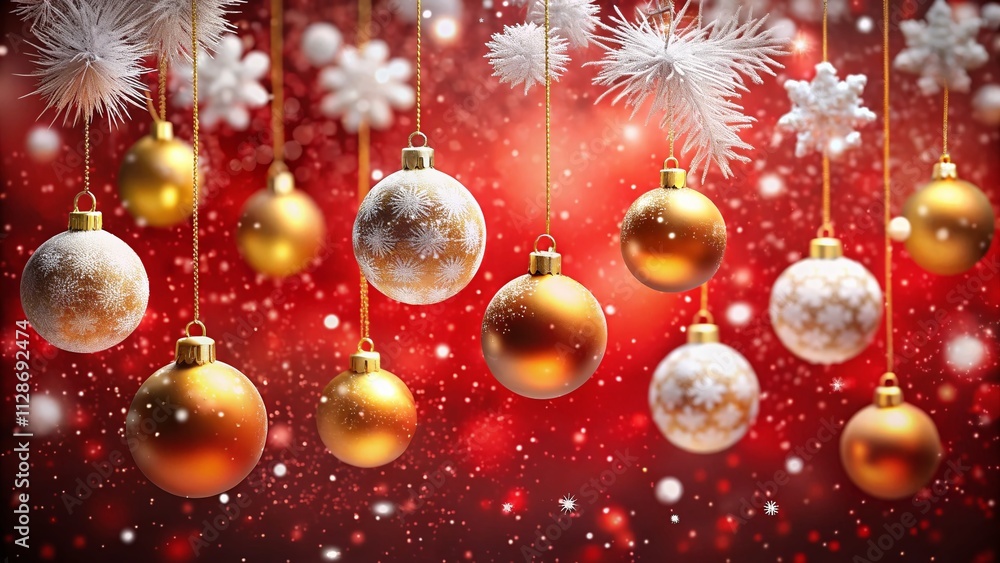 Captivating Christmas Scene with Red Background, Snowy Winter Landscape, and Elegant Golden Christmas Balls, Perfect for Holiday Celebrations and Festive Decor Captivating Christmas Scene with Red Background, Snowy Winter Landscape, and Elegant Golden Christmas Balls, Perfect for Holiday Celebrations and Festive Decor