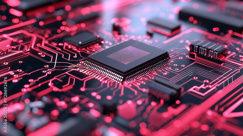 Fototapeta premium Red Illuminated CPU Microchip Circuit Board