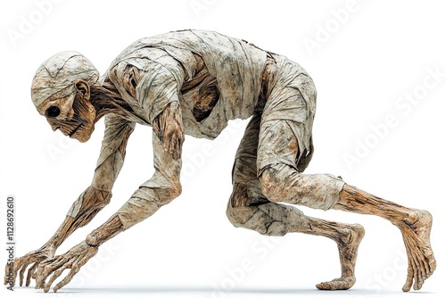 Isolated on a white backdrop is a realistic ancient undead walking mummy in a dynamic pose. Generative Ai