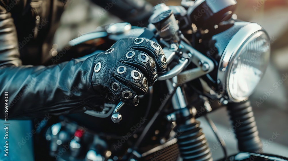 A close-up of a motorcyclist's hand on the handlebars of a motorcycle. A close-up of a motorcyclist's hand on the handlebars of a motorcycle.