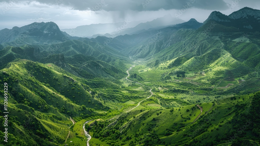 Fototapeta premium High-end photography of a dramatic mountain landscape with a winding river and lush green valleys