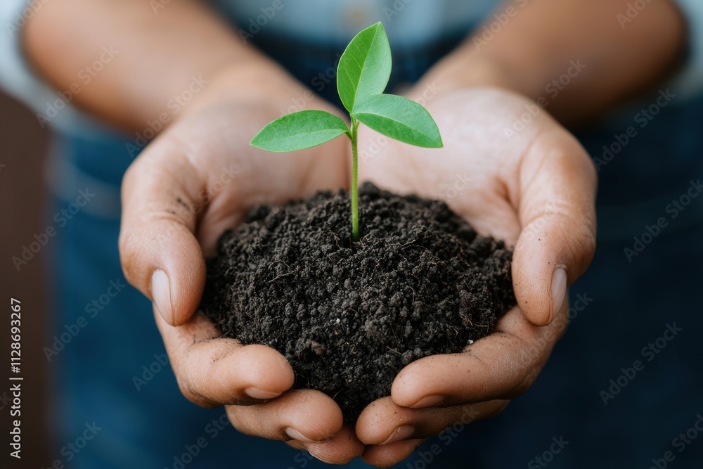 Farmer holding a small green plant in sunlight, representing renewal Farmer holding a small green plant in sunlight, representing renewal