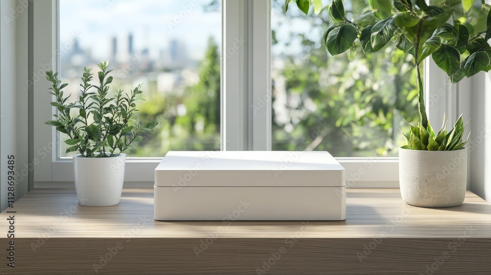 White Box on Wooden Windowsill with Plants White Box on Wooden Windowsill with Plants