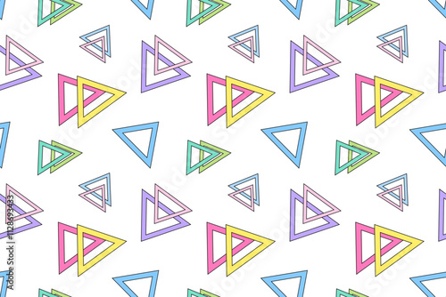 A seamless pattern featuring colorful hollow triangles in various orientations, creating a modern geometric design.