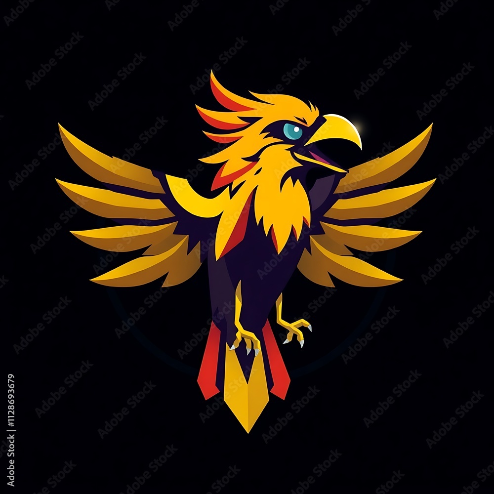 Obraz premium Golden Eagle Mascot Logo: A fierce and powerful golden eagle with outstretched wings, set against a dark backdrop, symbolizes strength, leadership, and victory. Perfect for gaming, esports.
