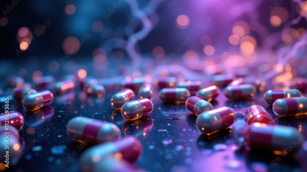 Numerous red nad supplement capsules scattered on a black surface with vibrant purple sparks. Numerous red nad supplement capsules scattered on a black surface with vibrant purple sparks.