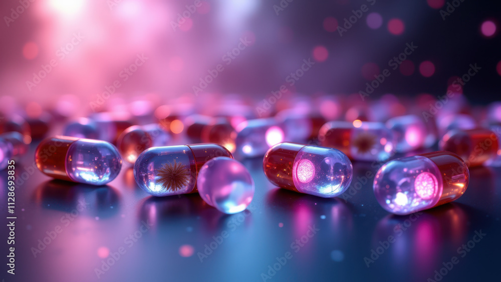Illuminated capsules of NAD supplement on a dark background. Illuminated capsules of NAD supplement on a dark background.