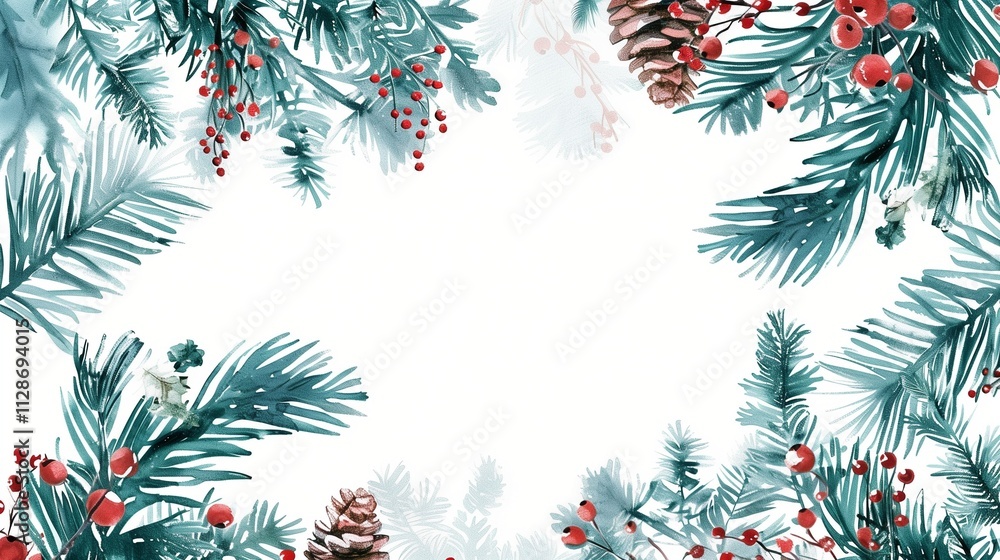 Festive Christmas border frame - green fir branches decorated with red berries and cones,covered with snow, isolated on white, copy space Festive Christmas border frame - green fir branches decorated with red berries and cones,covered with snow, isolated on white, copy space